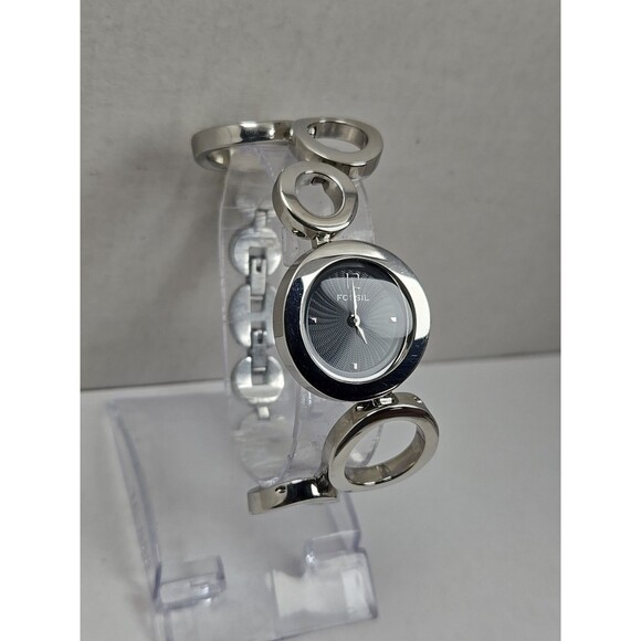 Fossil F2 ES1622 Womens Silver Circle Link Black Dial Watch Quartz New Battery main image 6